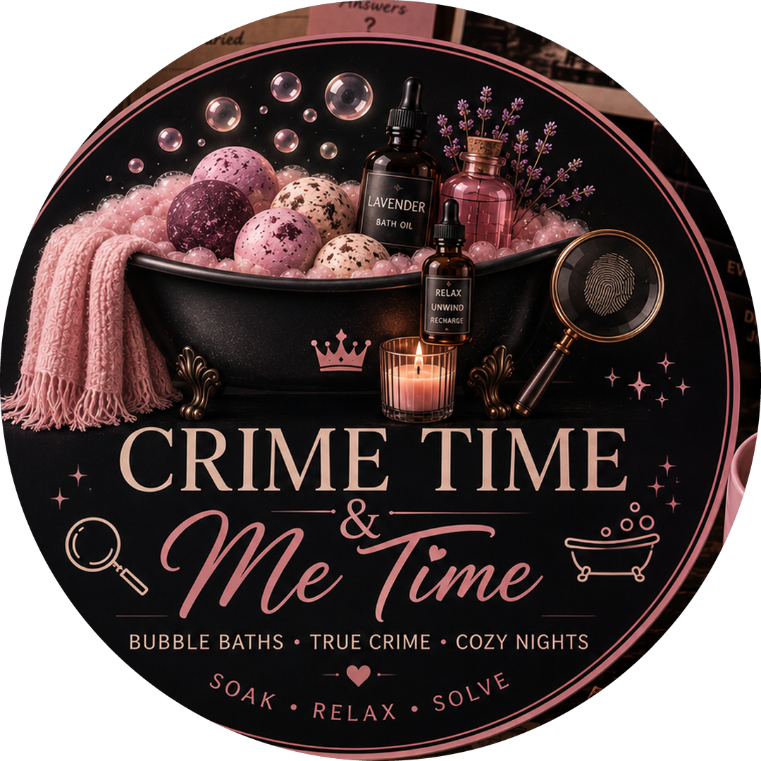 Crime Time and Me Time badge — cozy-noir bathtub emblem